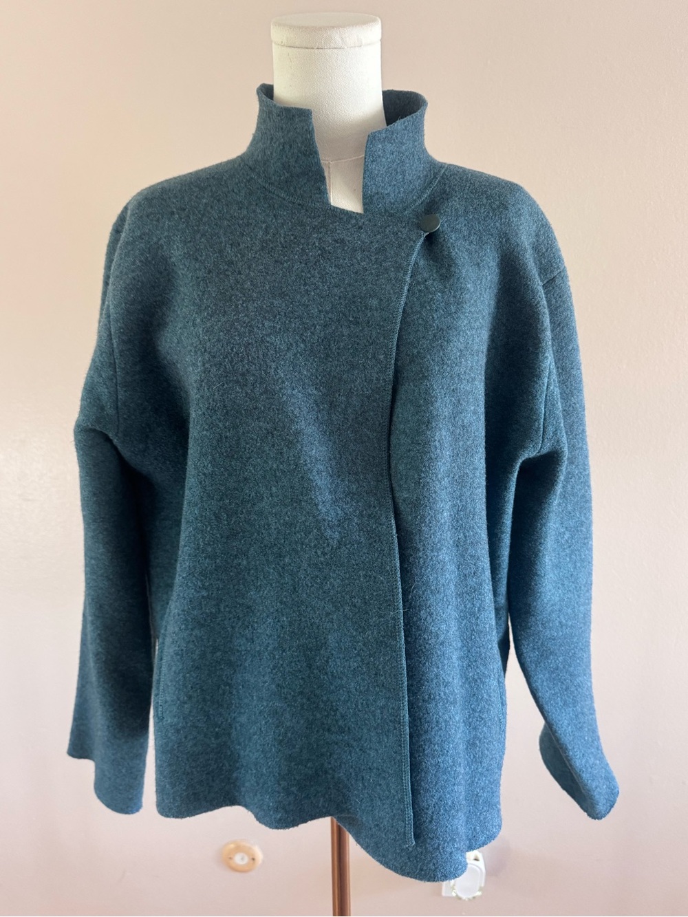 Eileen Fisher 100% Wool Teal Blue Asymmetrical Jacket Size S